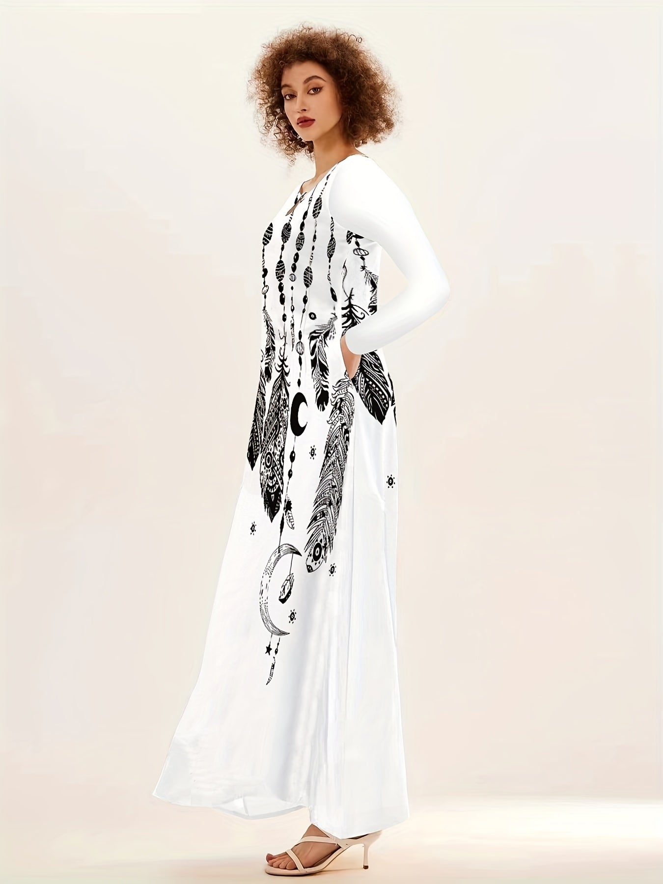 Feather Print V Neck Long Dress, Casual Long Sleeve Dress For Spring & Fall, Women's Clothing