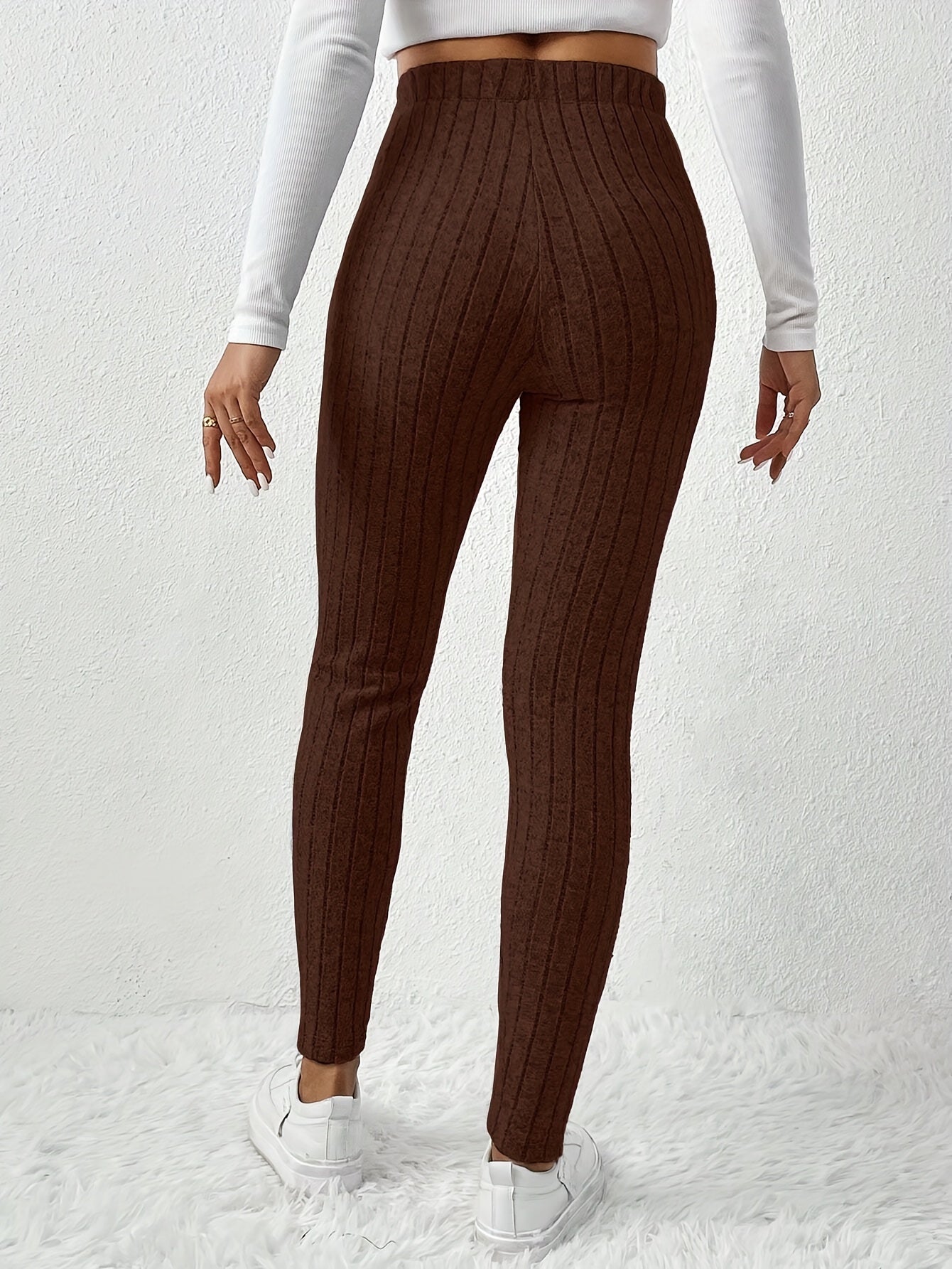 Elegant High-Waist Ribbed Knit Pants for Women - Cozy & Chic Brown Slim-Fit Trousers with Elastic Waistband, Perfect for Fall/Winter Casual Wear