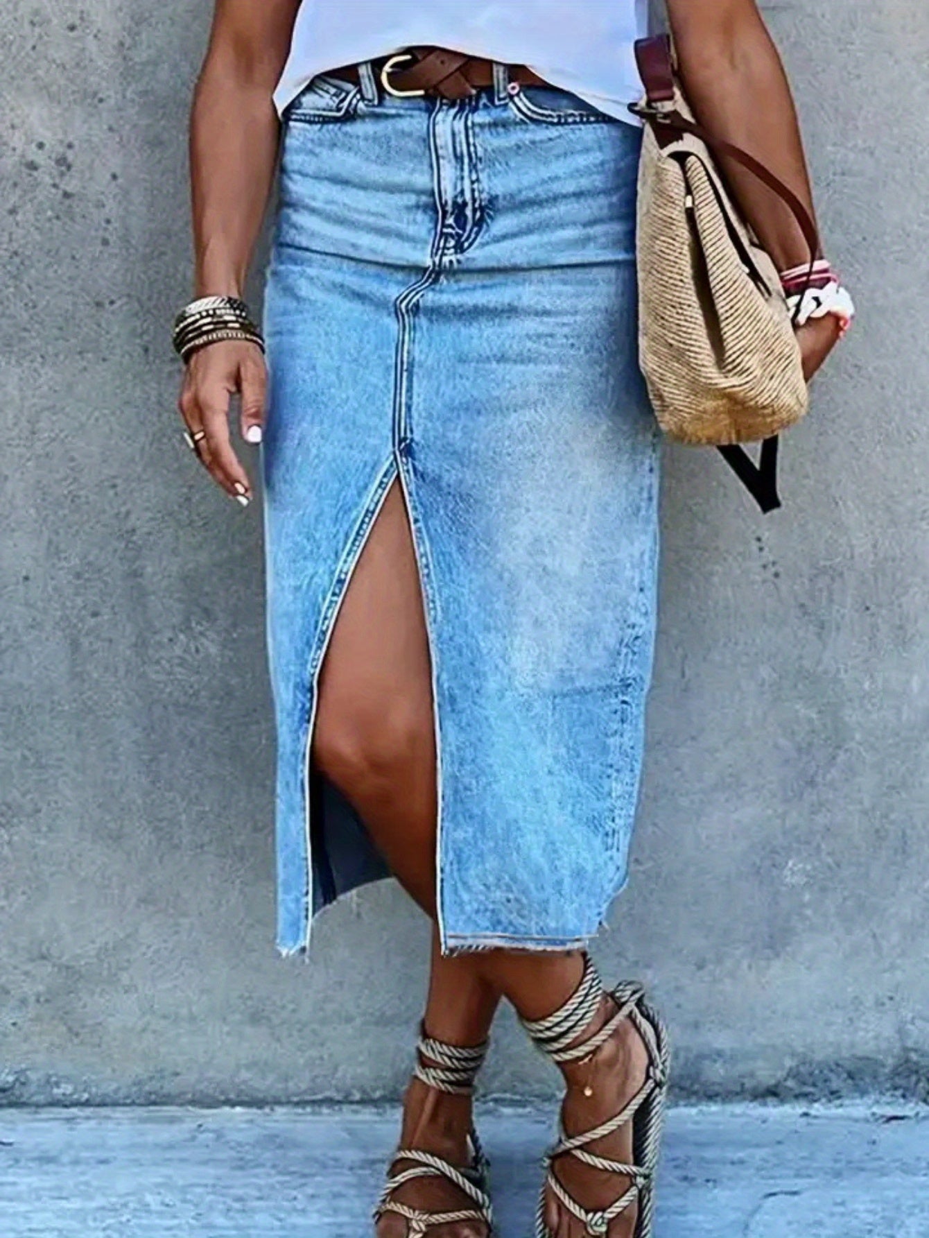 Women's High-Waisted Slim Fit Denim Maxi Skirt with Side Slit - American Classic Elegant Casual to Dressy Versatile Style, Machine Washable for Spring Summer Fall, High Waisted Skirt