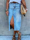 Women's High-Waisted Slim Fit Denim Maxi Skirt with Side Slit - American Classic Elegant Casual to Dressy Versatile Style, Machine Washable for Spring Summer Fall, High Waisted Skirt