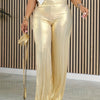 Women's Elegant Metallic Wide-Leg Pants - High-Waisted Stretchy Golden Trousers with Side Pockets, All-Season Versatile Office & Casual Wear, Formal Attire | Sophisticated Style | Smooth Texture