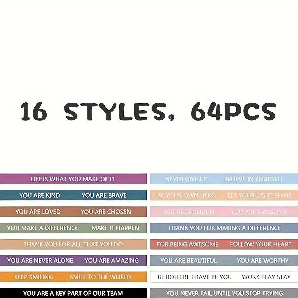 64pcs Inspirational Silicone Bracelets - Colorful Motivational Wristbands for Women, Men, Teens, Teachers & Office Use - 16 Unique Designs with Positive Affirmations like "Never Give Up," "Be Amazing" and "Keep Smiling" - Per