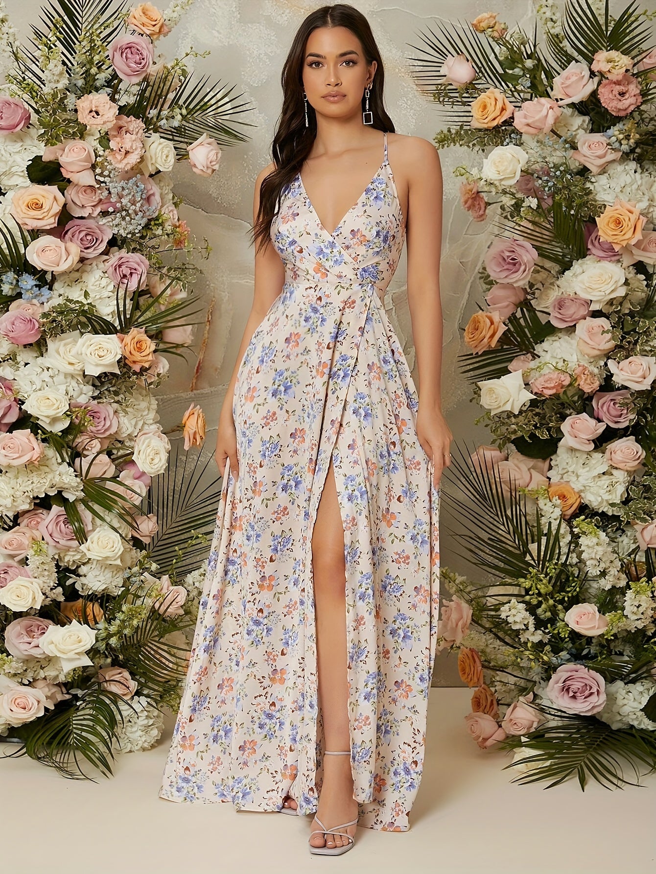 Elegant V-Neck Floral Print Split Thigh Maxi Dress, Polyester Slip Style - For Women - Spring/Summer/Fall - Perfect for Parties & Casual Occasions - Ideal Gift for Her
