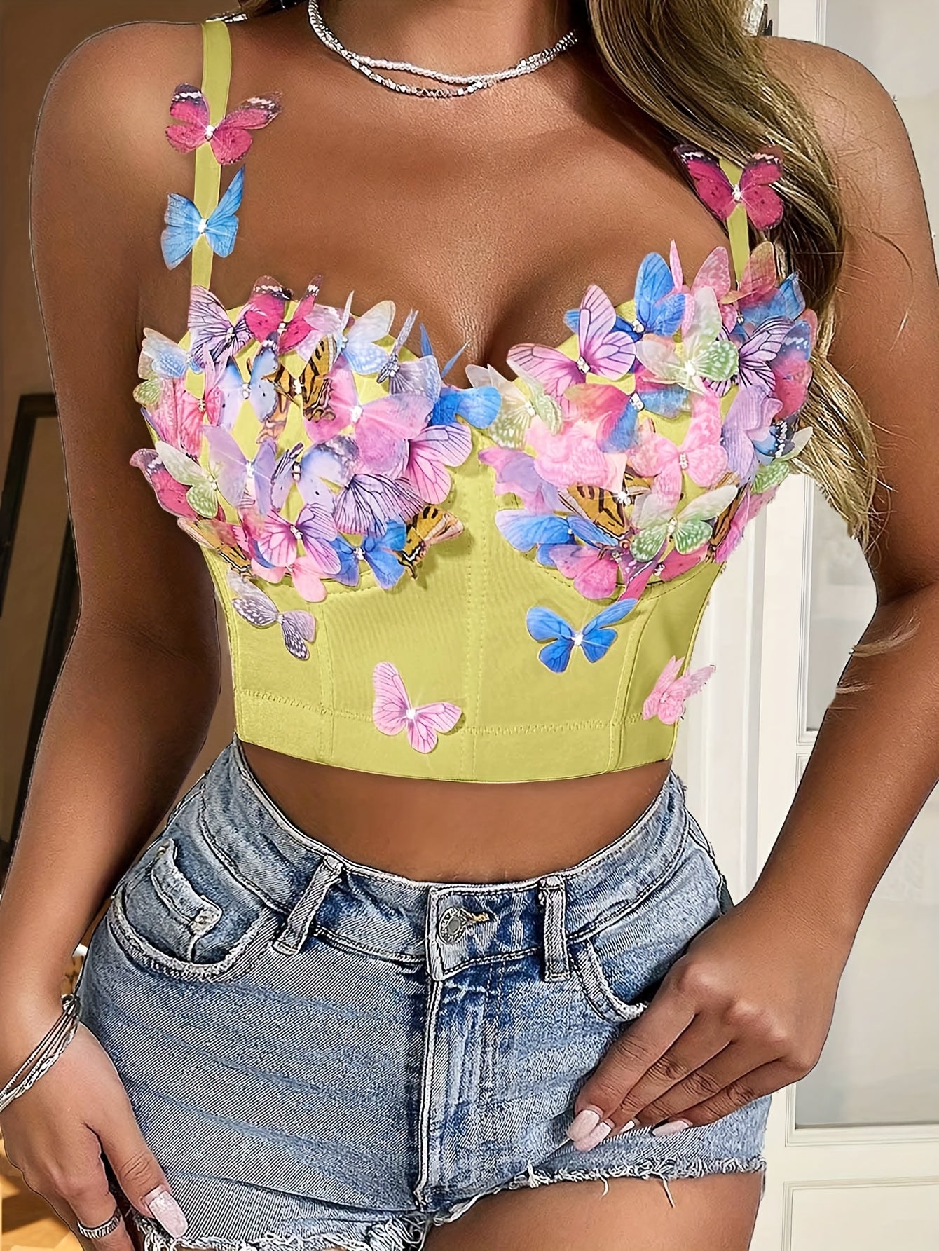 Sexy Backless Corset Top with 3D Colorful Butterfly Applique - High Elasticity Fishbone Boning Bustier for Women, Summer Party & Festival Crop Top, Thin Straps Non-Transparent Form-Fitting Shirt, Casual Wear, Vibrant Partywea