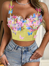 Sexy Backless Corset Top with 3D Colorful Butterfly Applique - High Elasticity Fishbone Boning Bustier for Women, Summer Party & Festival Crop Top, Thin Straps Non-Transparent Form-Fitting Shirt, Casual Wear, Vibrant Partywea
