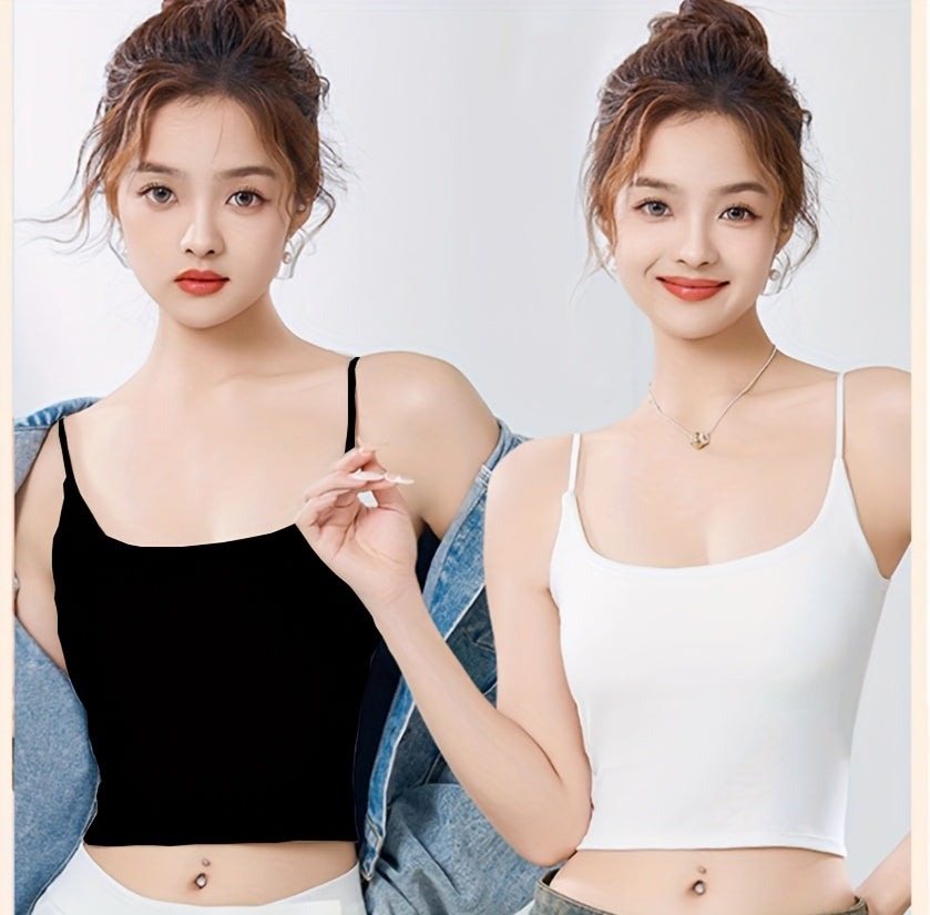 Women's Summer Chic White Crop Cami Top - Sexy Off-Shoulder Sleeveless Spaghetti Strap, Stretch Fit for Casual Outings