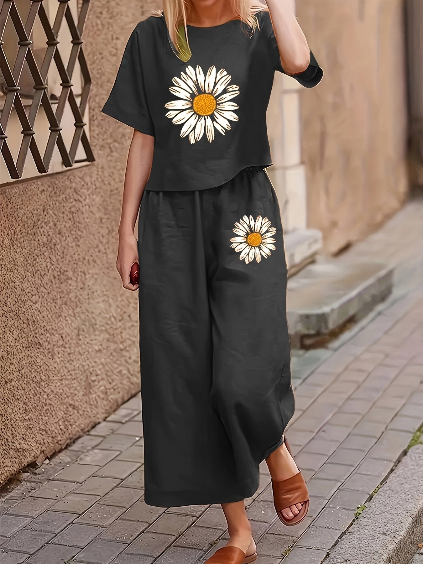 Cat Ear Floral Print Short Sleeve Long Pants Casual Comfort Women's Two-Piece Set