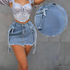High-Waist Blue Denim Skirt with Frayed Hem & Flap Pockets - Stretchy, Comfortable, Street Style Summer Women’s Jean Overskirt, Jean Skirt