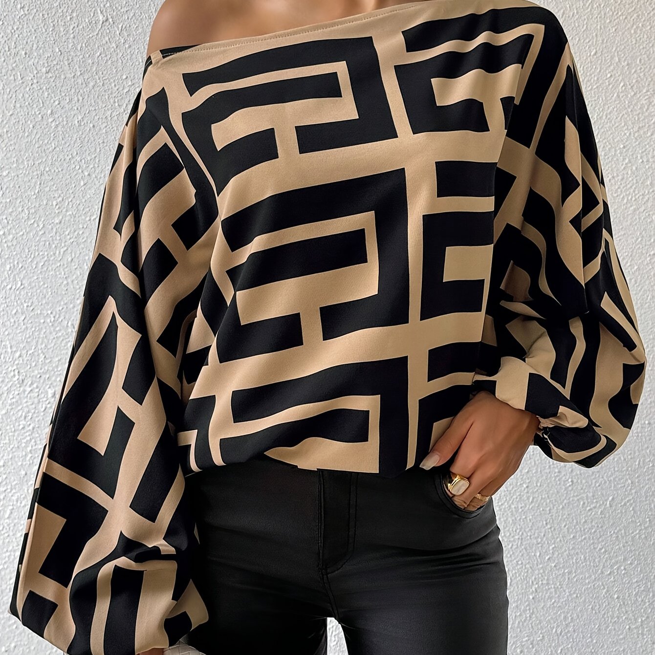 Greek Print One-shoulder Blouse, Elegant Long Lantern Sleeve Blouse For Spring & Fall, Women's Clothing