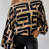 Greek Print One-shoulder Blouse, Elegant Long Lantern Sleeve Blouse For Spring & Fall, Women's Clothing