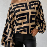 Greek Print One-shoulder Blouse, Elegant Long Lantern Sleeve Blouse For Spring & Fall, Women's Clothing