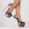 [1pc] Elegant Floral Print Stiletto Heels - Elegant Floral Print Mary-Jane Pumps with Metal Ankle Strap Detail, Lightweight, Round Toe Stiletto Heels, 17cm, with Sequin Embellishment, Rubber Sole - For Women - Suitable for Pa