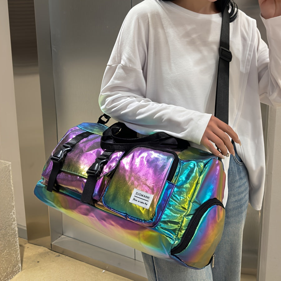 Large Capacity Women'S Nylon Travel Duffel Bag - Pink Iridescent Weekender Gym Tote with Shoe Compartment, Shoulder Strap & Multiple Pockets - Versatile Sports & Fitness Carry-On