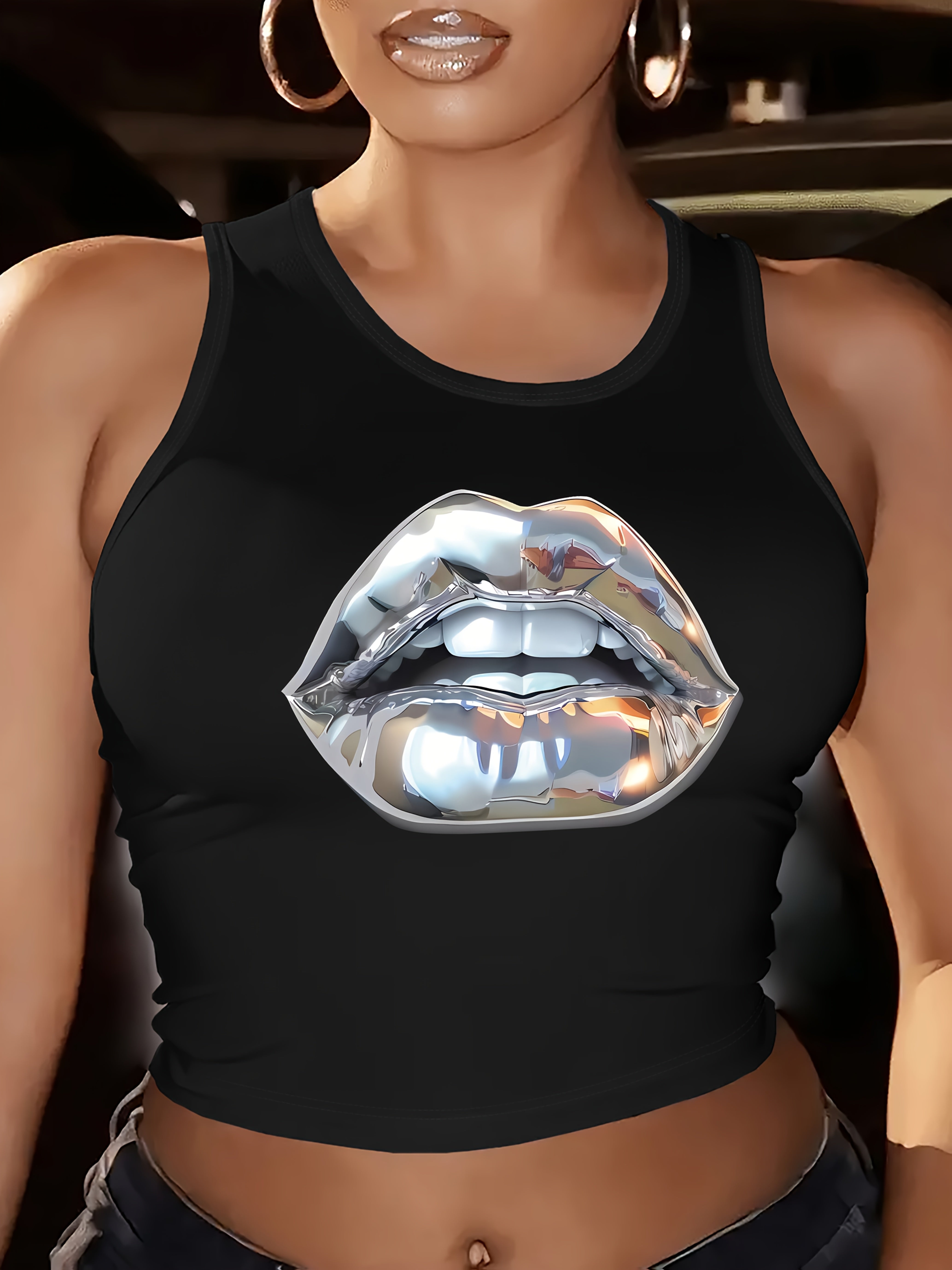[Casual Fashion Crew Neck Vest] Lip Pattern Vest, Sleeveless Casual Fashion Crew Neck Vest, Spring/ Summer Women's Top