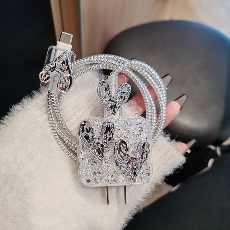 Luxury Glitter Love Heart Charger Case Compatible with iPhone 11/12/13/14/15 Pro Max, 18W-20W, Durable TPU Protective Cover, Fashionable Gift for Girlfriend