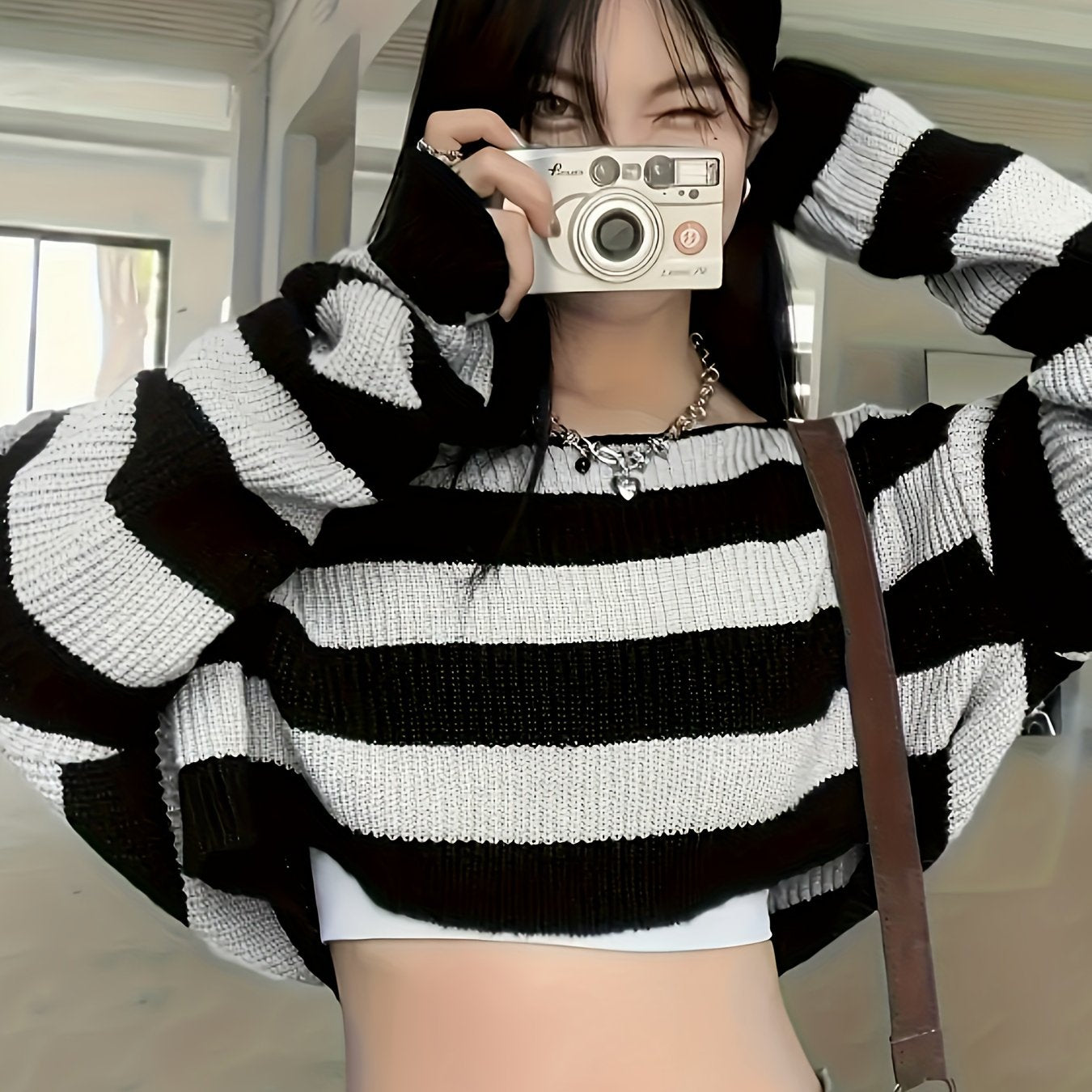 Chic Striped Crop Sweater for Women - Long Sleeve, Round Neck, Polyester Knit Pullover