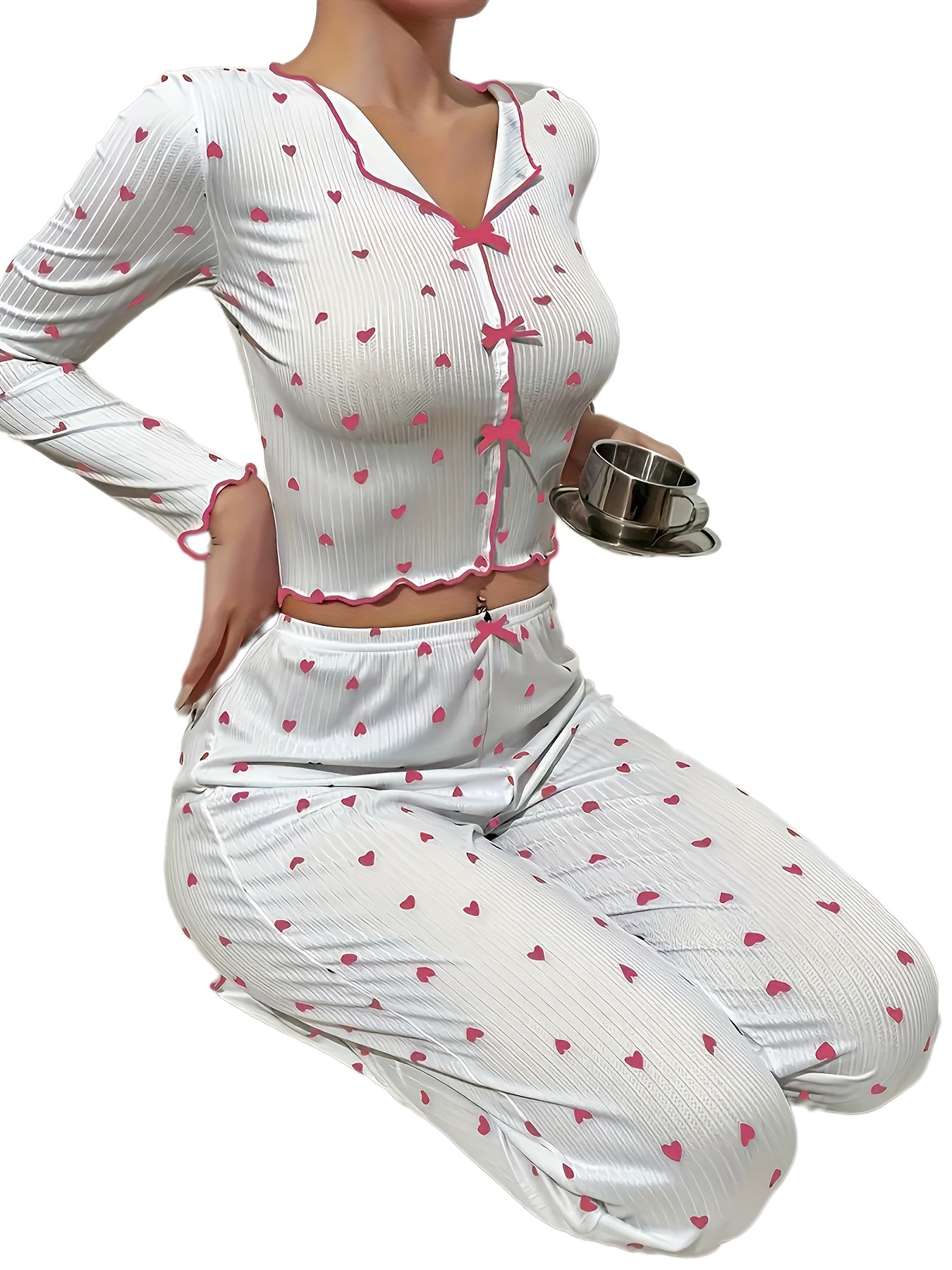 Autumn New Product Love Print Collar Spiral Jacquard Women's Long Sleeve Long Pants Home