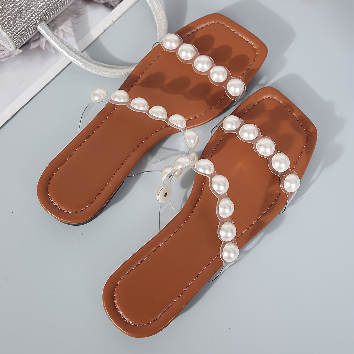 Women's Solid Color Elegant Slides, PVC Slip On Lightweight Flat Faux Pearl Decor Slides, Summer Holiday Beach Slides