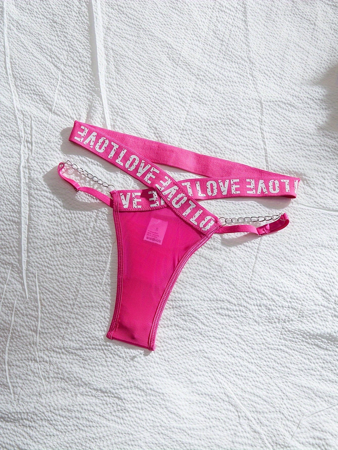 Sultry Letter Tape Chain-link Mesh Lingerie Set - Plunge Bra, Thong, and Garter Belt - Women's Sexy Underwear for Confidence Boost
