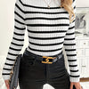 Women's Striped Turtleneck Sweater - Sleeve, Ribbed Detail, High-Stretch Polyester Knit for Spring/Fall, Black & White Vertical Stripes, Casual Pullover Style, Casual Wear | Fashion Essentials | Ribbed Texture