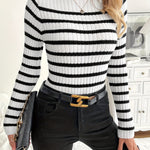 Women's Striped Turtleneck Sweater - Sleeve, Ribbed Detail, High-Stretch Polyester Knit for Spring/Fall, Black & White Vertical Stripes, Casual Pullover Style, Casual Wear | Fashion Essentials | Ribbed Texture