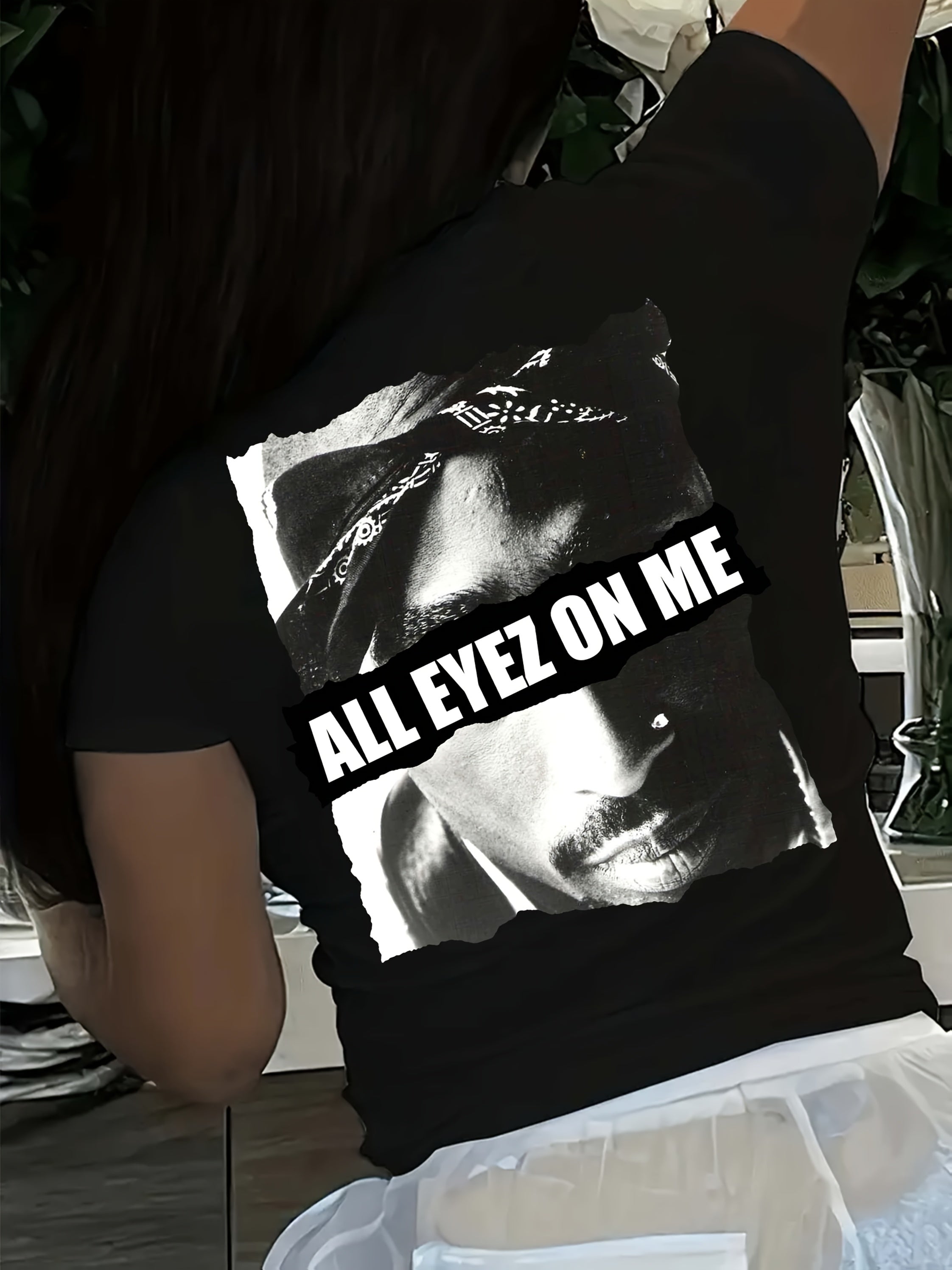 1pc Women'S Casual Crew Neck T-Shirt with Portrait Print, Polyester Knit Fabric, Regular Length, All Season Short Sleeve Tee - "All Eyez on Me" Graphic