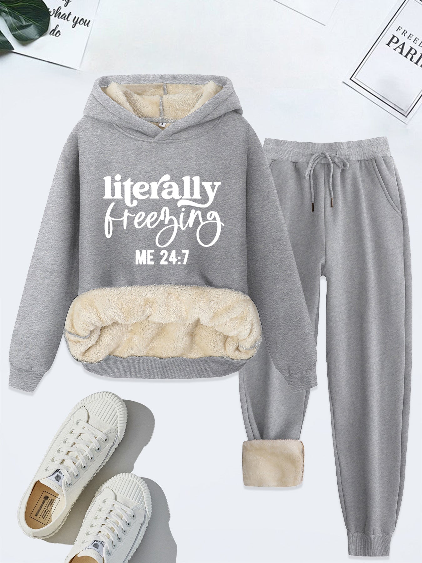 Cozy Plush Letter Print Hoodie & Pants Set for Women - Casual Knitwear, Machine Washable, Perfect for Fall/Winter