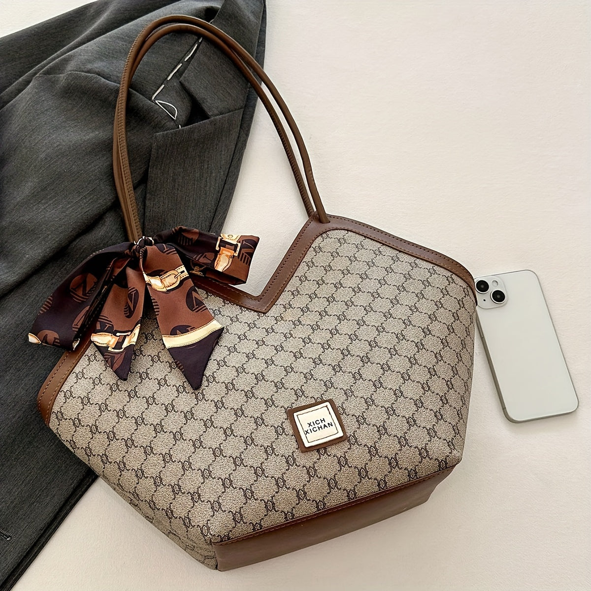 Timeless Chic - Niche Shoulder Bag with Fashion-Forward Scarf Accent - Versatile Classic Pattern Design for Womens Everyday Style