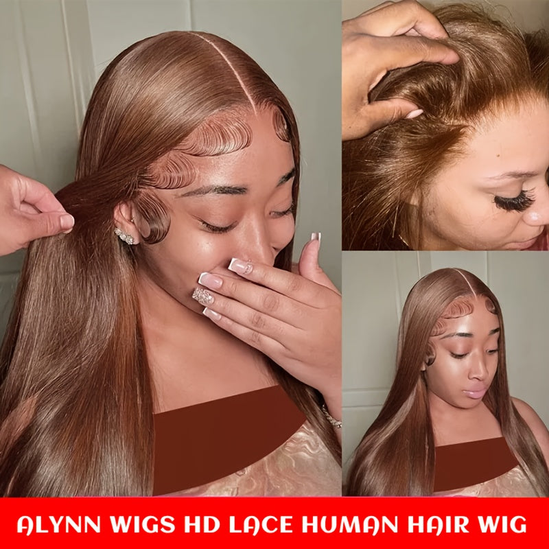 Spring 255% Straight Human Hair Full HD Lace T Part Straight Lace Frontal Wig Chocolate Brown Brazilian Hair #4 Dark Brown 13X6X1 Transparent Lace Front Wig Natural Hairline 13X6 T Part Wig with Baby Hair for Women Daily Wear