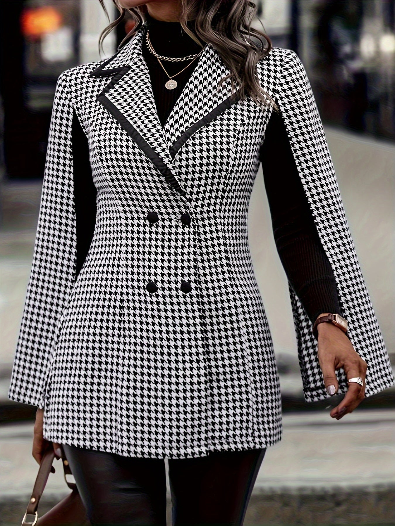 Houndstooth Print Double-breasted Blazer - Elegant Cape Sleeve Lapel Blazer - Polyester Blend - For Women - Suitable for Office & Work - Perfect Gift for Business Professionals