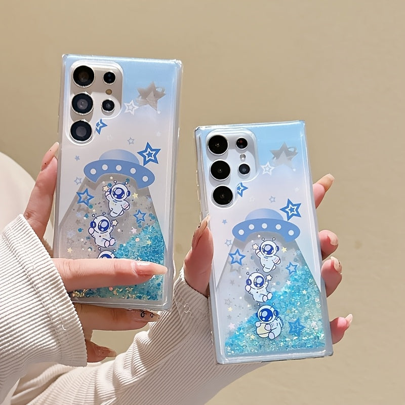 A Glow-In-The-Dark Liquid Glitter Phone Case for Samsung Galaxy S22/S23/S24/S25/Plus Ultra, Featuring a Fun Spaceship Astronaut Design, Making It a Creative Christmas And New Year Gift Phone Protector.