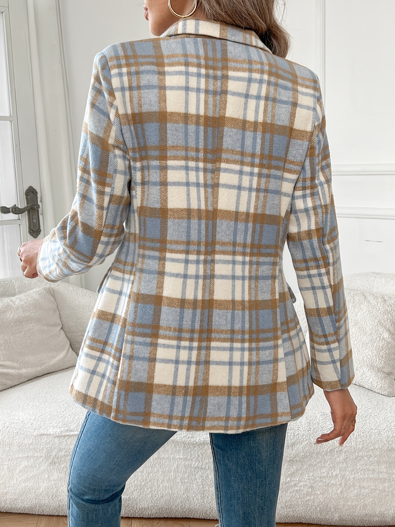 Plaid Button Front Lapel Blazer, Elegant Long Sleeve Blazer For Office & Work, Women's Clothing