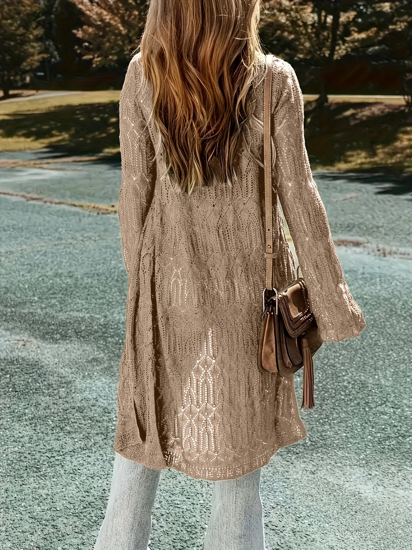 Plus Size Women's Lightweight Lace- Long Cardigan - V-Neck Semi-Sheer Cover-Up, Open Front Long Sleeve Resort Wear for Spring/Summer, Beach Vacation & Casual Outfits, Beach Lace Cover Up, Summer Layering Piece, Elegant Coveru