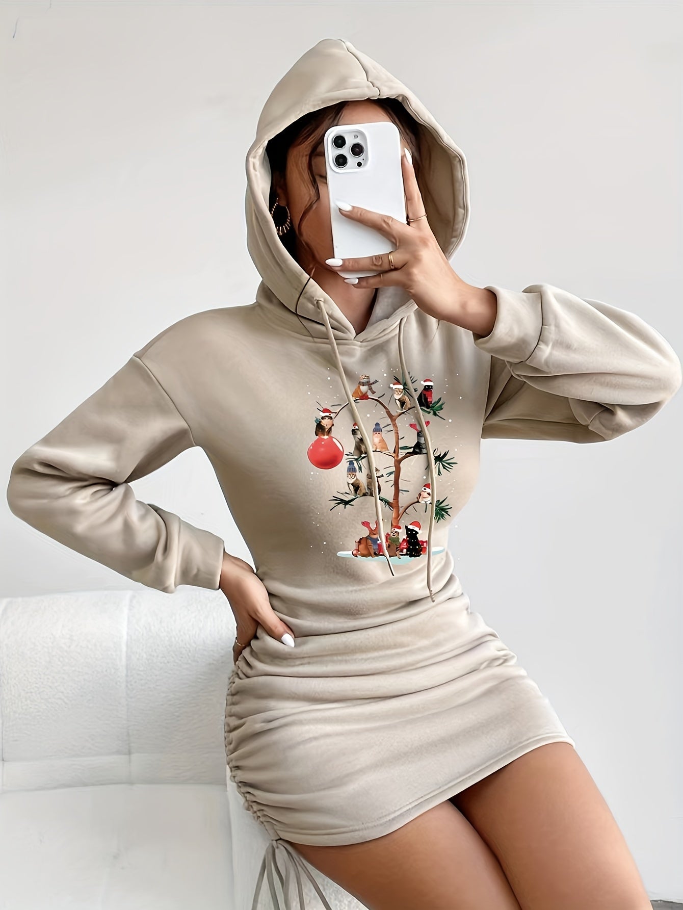 1pc Women's Alphabet Pattern Hooded Bodycon Dress with Drawstring Side - Polyester Knit Fabric - Spring/Fall Fashion Dress for Women - Perfect for Casual & Party Occasions