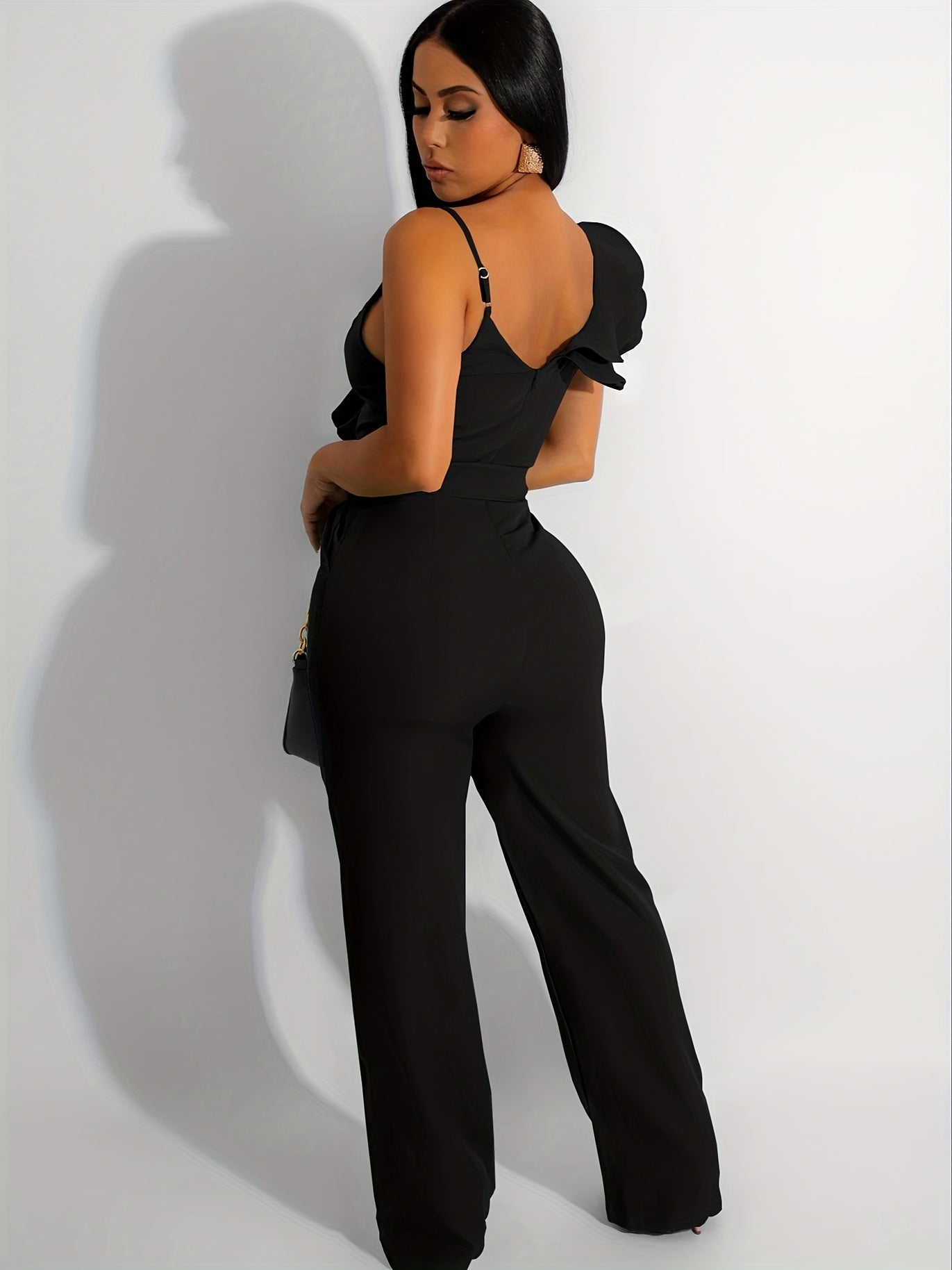 Womens Casual One Piece Jumpsuits V-Neck Sleeveless Ruffle Elegant Romper Wide Leg Pant Sexy Party Clubwear Overalls
