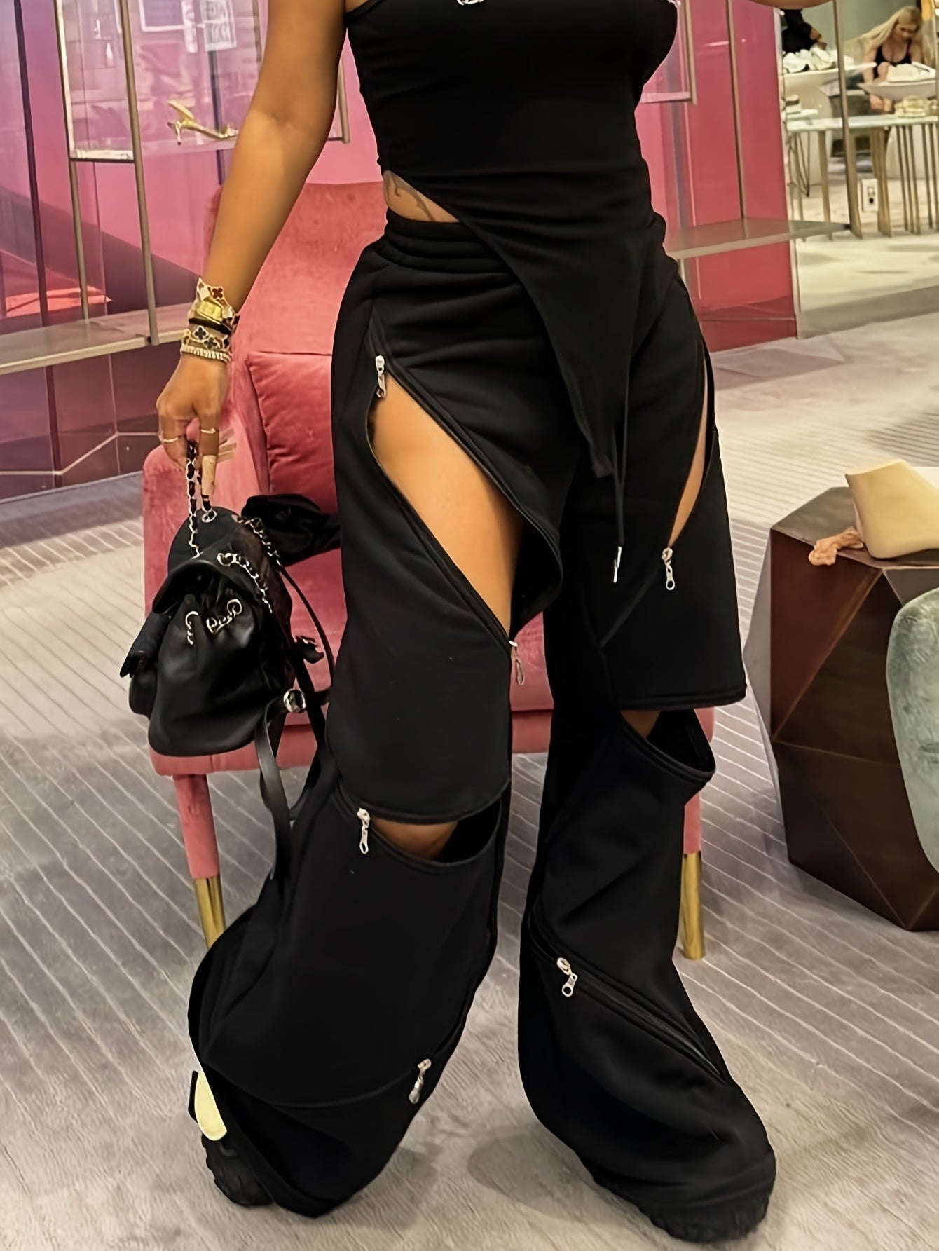 Women'S Chic European and American Fashion Flare Leg Pants with Multiple Zippers, Sexy Elastic Waistband, Loose Straight Fit - All Season Versatile Wear, Sexy Pants