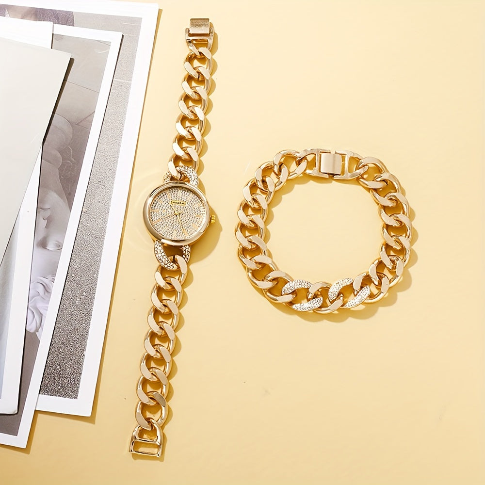 2pcs Elegant Women's Golden-Toned Quartz Watch with Sparkling Rhinestone Dial & Chunky Chain Bracelet Set - Perfect Fashion Gift for Her, Women's Fashion Accessory|Coordinated Outfit|Alloy Construction