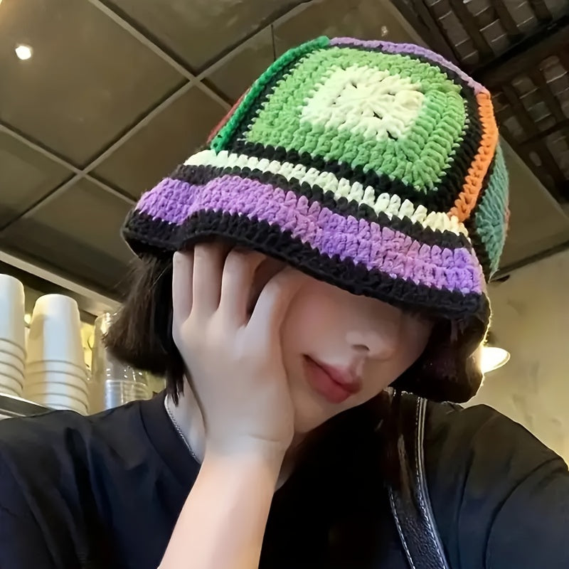 Color Block Crochet Fisherman Hat, Retro Ethnic Style Casual Hollow Out Breathable Bucket Hat