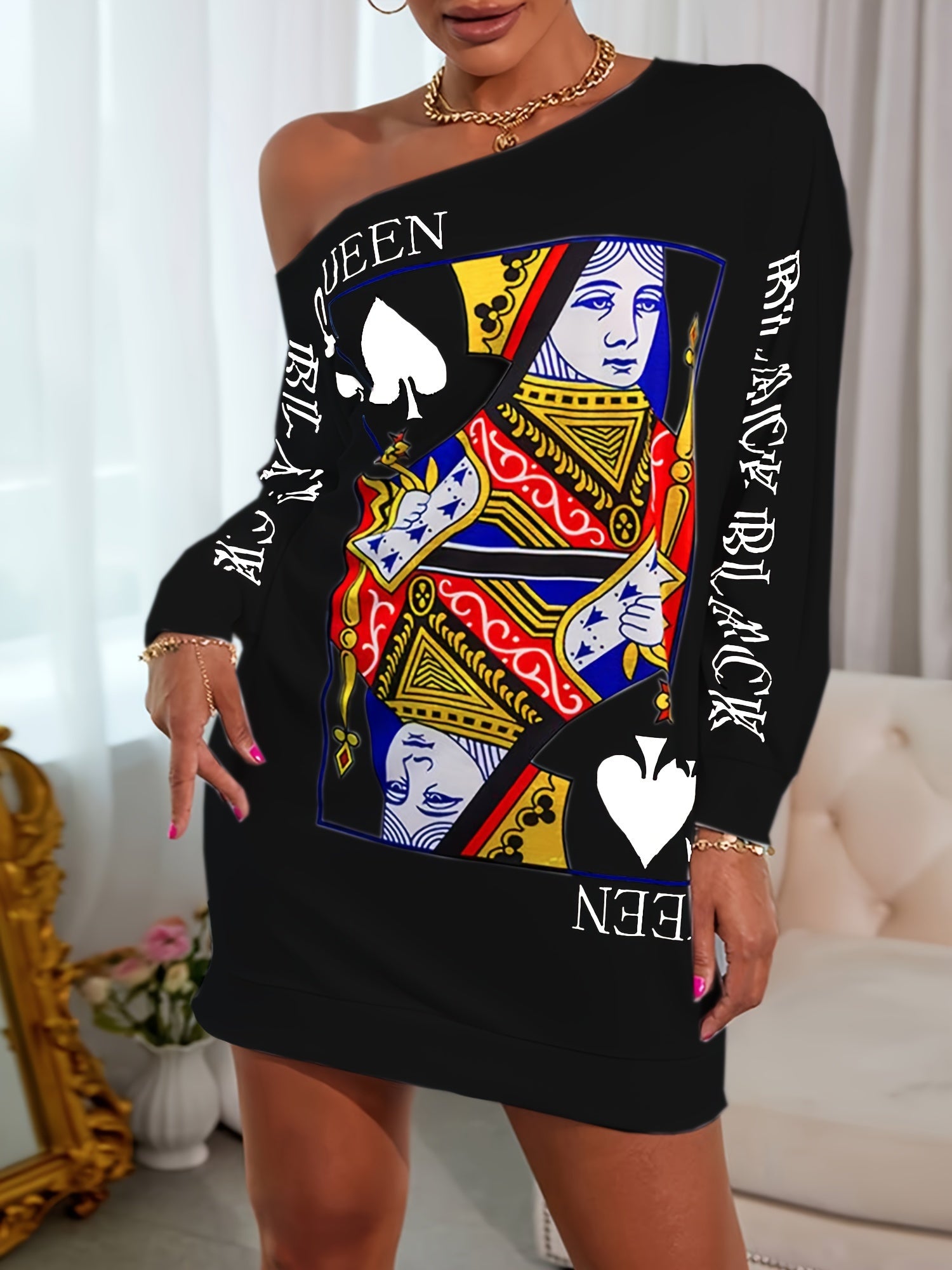 Women's Poker Print Sexy Lounge Dress, One Shoulder Long Sleeve Slash Neck Dress, Comfortable Home Wear For Fall