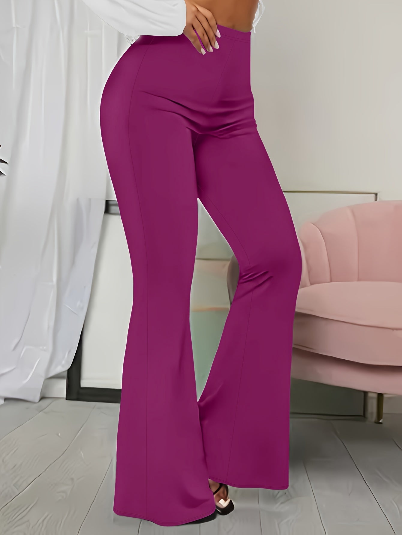 Solid Color Flare Leg Pants, Casual Versatile High Waist Pants For Spring & Summer, Women's Clothing
