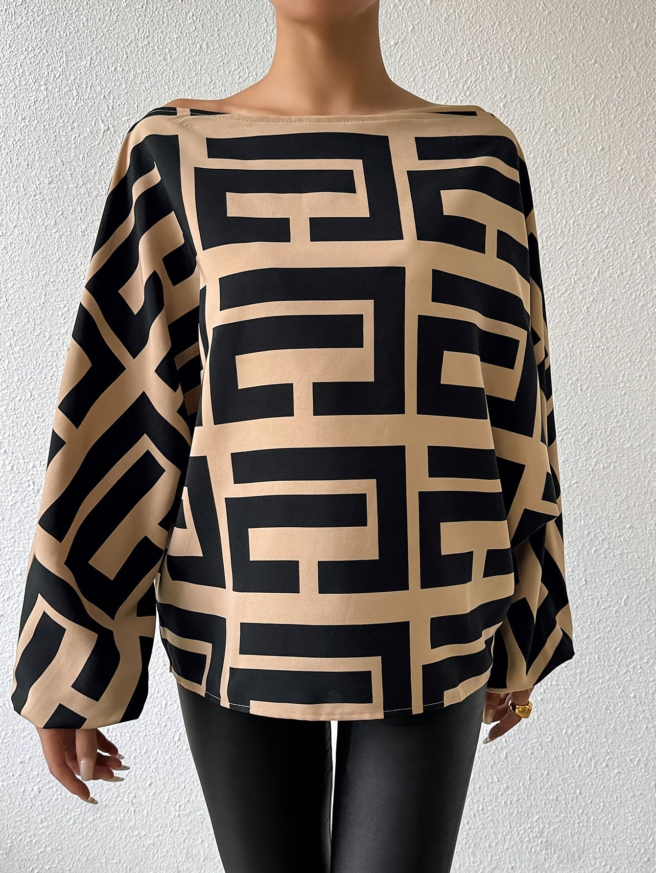 Greek Print One-shoulder Blouse, Elegant Long Lantern Sleeve Blouse For Spring & Fall, Women's Clothing