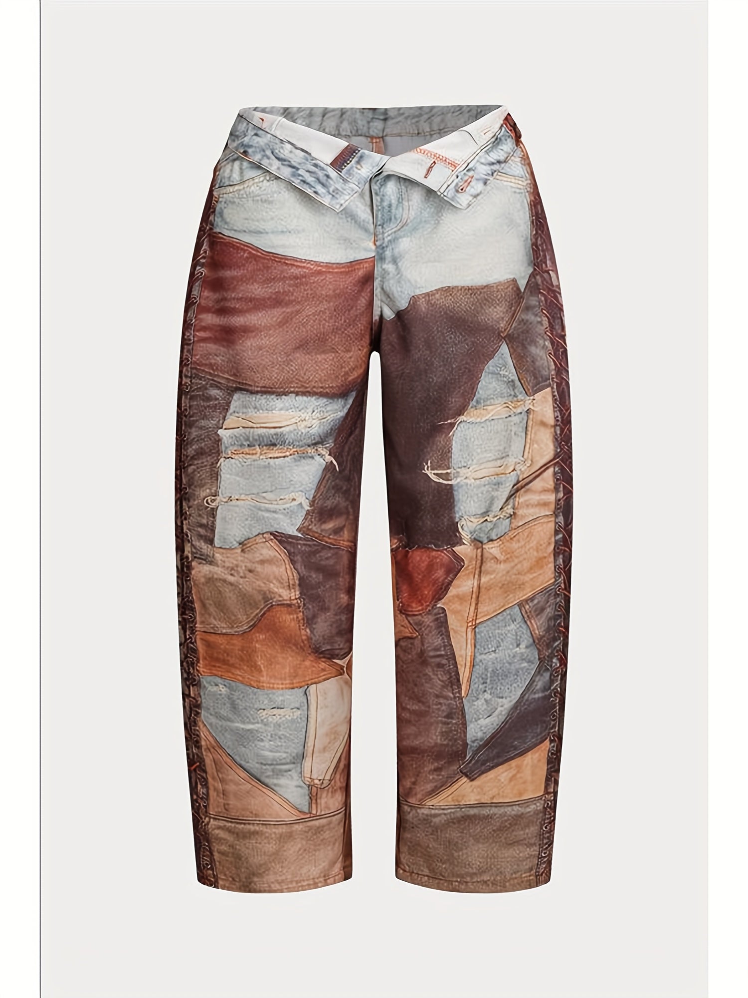 Plus-size Women'S Fashionable Spliced Wide-leg Pants, Featuring Buttons, Zippers And Color-block Design, Are Made Of Imitation Denim Fabric. With The Printing Process, An Elastic Waistband And A Loose Fit, They Exude A Strong