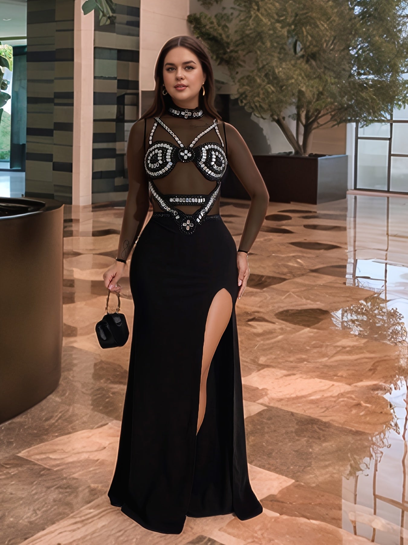 PORRCEY Women's Sexy Rhinestone Evening Dress - Mesh & Rhinestone Detailing, Bodycon Silhouette, Semi-Sheer Long Sleeve Party Gown with Stand-Up Collar, Hand Wash Only, All-Season Formal Wear, Chic Dress