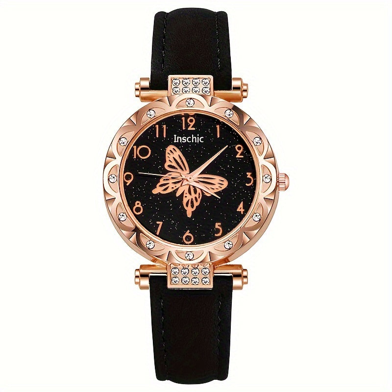6pcs/set Black Round Quartz Watch PU Leather Strap Zinc Alloy Pointer Zinc Alloy Case And Butterfly Charm Bracelet Necklace Earrings Ring Gift For Women, Valentine's Day, Eid Al-Adha, Birthday, Friendship