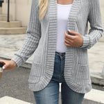 Elegant Women's Front-Button Cardigan - Medium Stretch Long Sleeve with Pleated Detail, Solid Green Machine-Washable Fall Winter Jacket, Regular Fit for Casual & Formal Outfits, Lightweight Cardigan, Winter Apparel, Open Fron