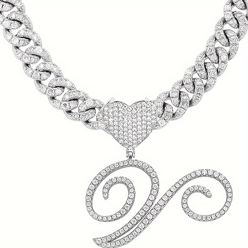 Silvery Cuban Link Necklace - Heart-shaped Alphabet Pendant on Ice Chain - Unisex Hip-hop Jewelry Gift