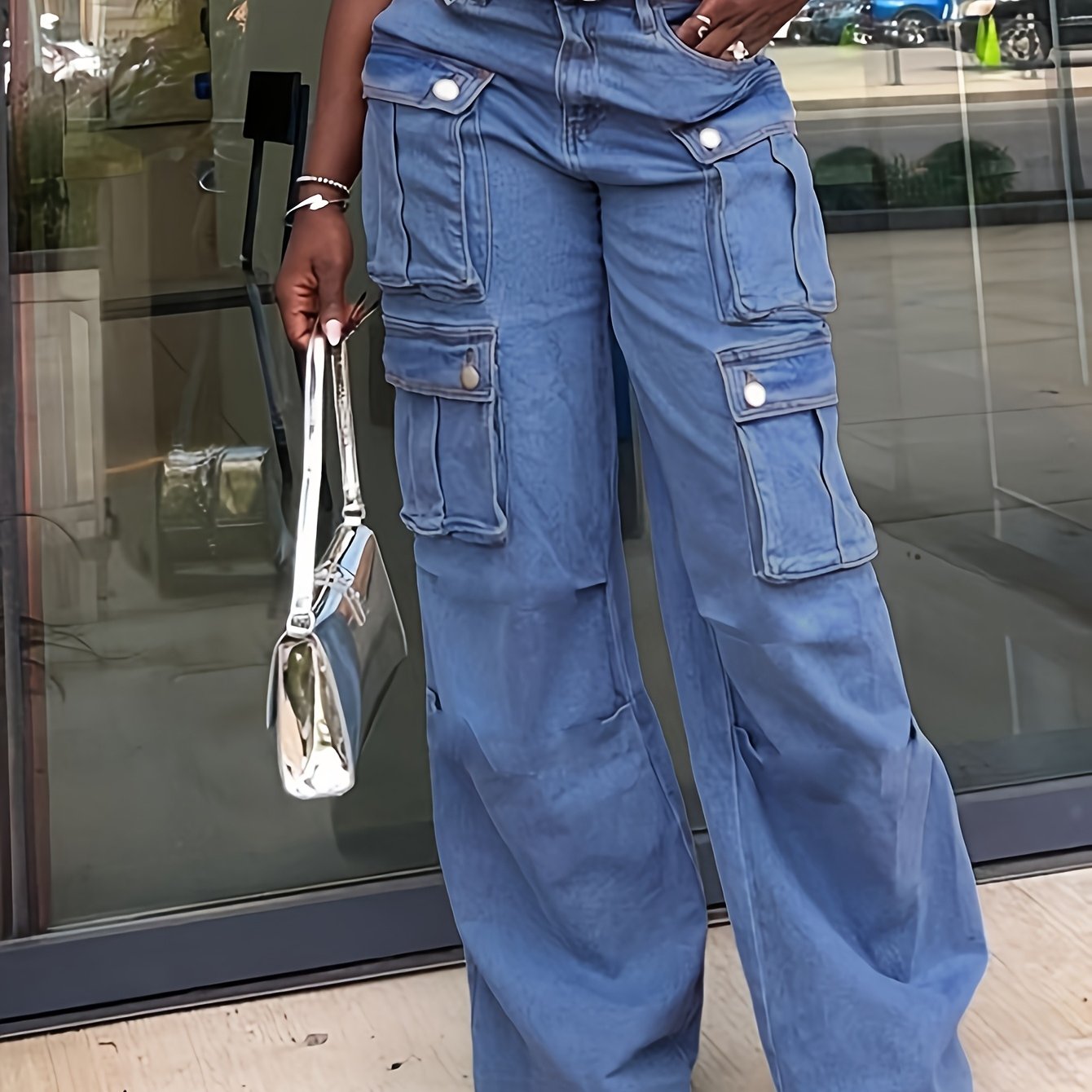 Ladies' Fashionable Retro Y2K Work Pants, High Waist Loose Wide Legs, Pockets, Comfortable Casual Style, Street Fashion Denim Pants