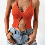 Chain Linked Knitted Cami Top, Sexy Cross Tied Backless Deep V Neck Crop Top, Women's Clothing
