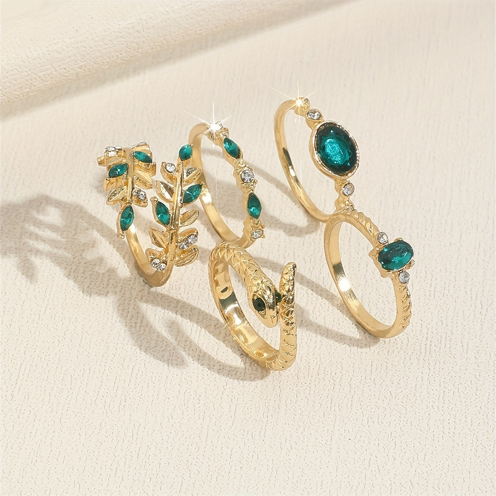 Vintage Elegant Leaf & Snake Design Rhinestone Stacking Rings Set - 5-Piece Alloy Ring Pack with Green Accents for Daily & Vacation Wear