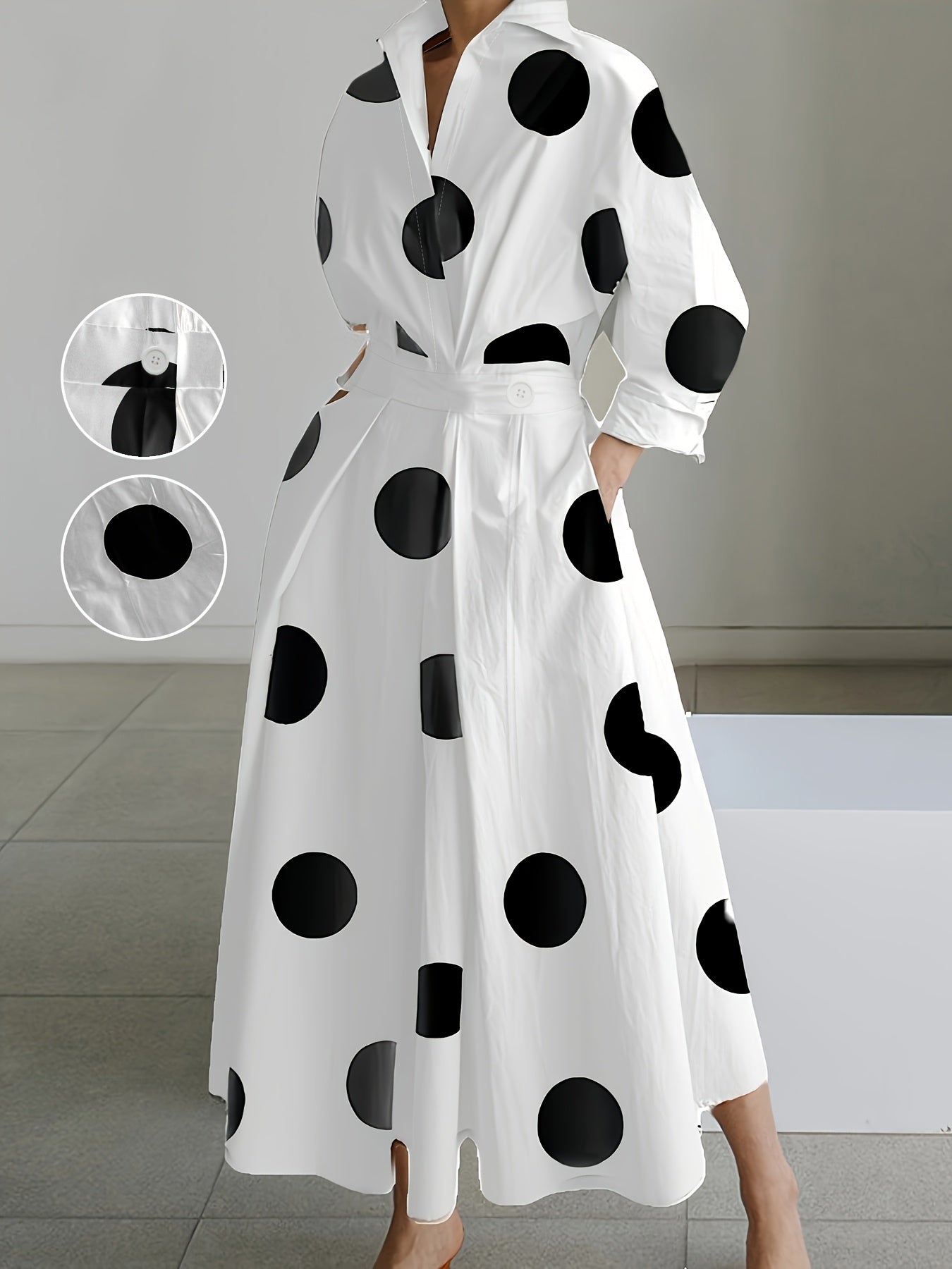 Women'S Elegant Long-Sleeve V-Neck Polka Dot Dress - White with Black Dots, Pencil Fit, Perfect for Spring/Summer/Fall, Casual Attire|Pencil Fit Dress|Vneckline Dress